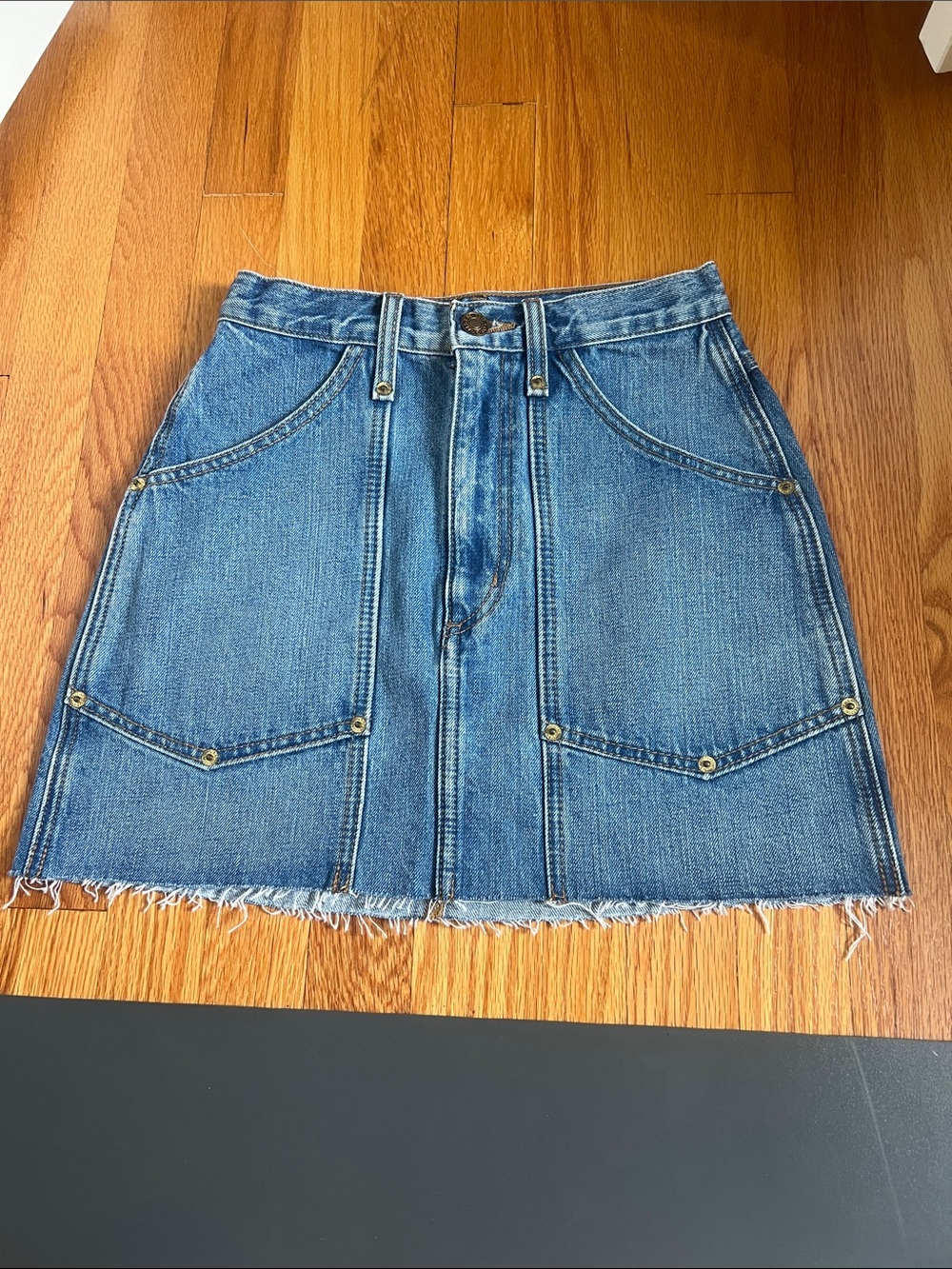 Re/Done Blue Denim Mini Skirt with Front Patch Pockets